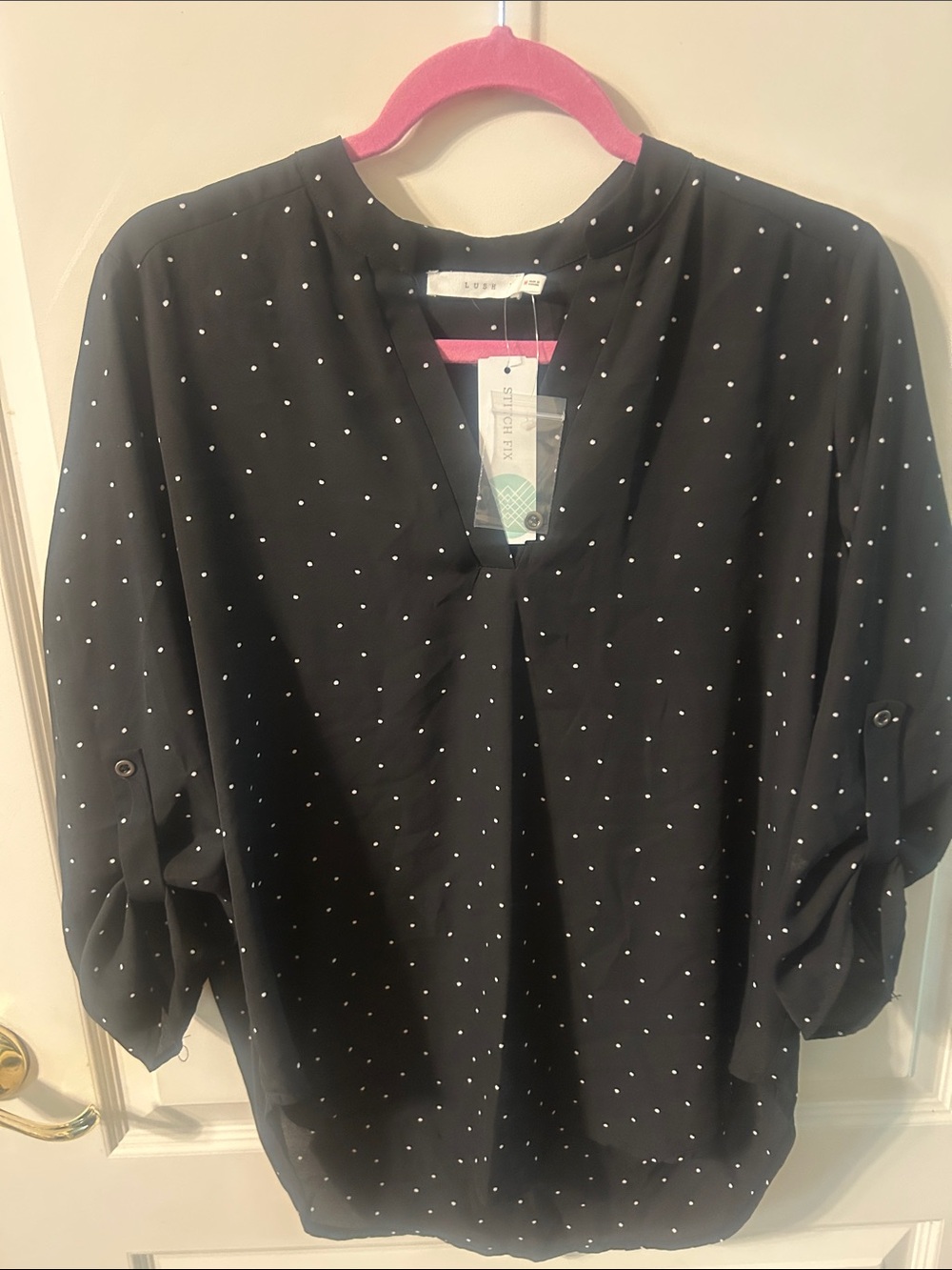 Lush Black Polka Dot Split-Neck Blouse